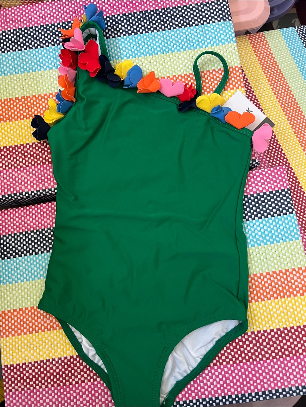 Hanna Andersson Green One-Piece Kids retro Swimsuit with Rainbow flower Trim NWT